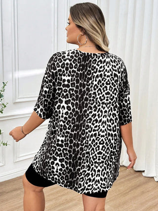 Camiseta casual de verano para mujer tallas grandes, de manga corta, cuello redondo, con estampado de leopardo