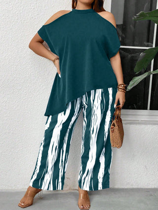 Conjunto completo casual con top de dobladillo asimétrico y pantalones de cintura elástica con estampado digital, talla cómoda