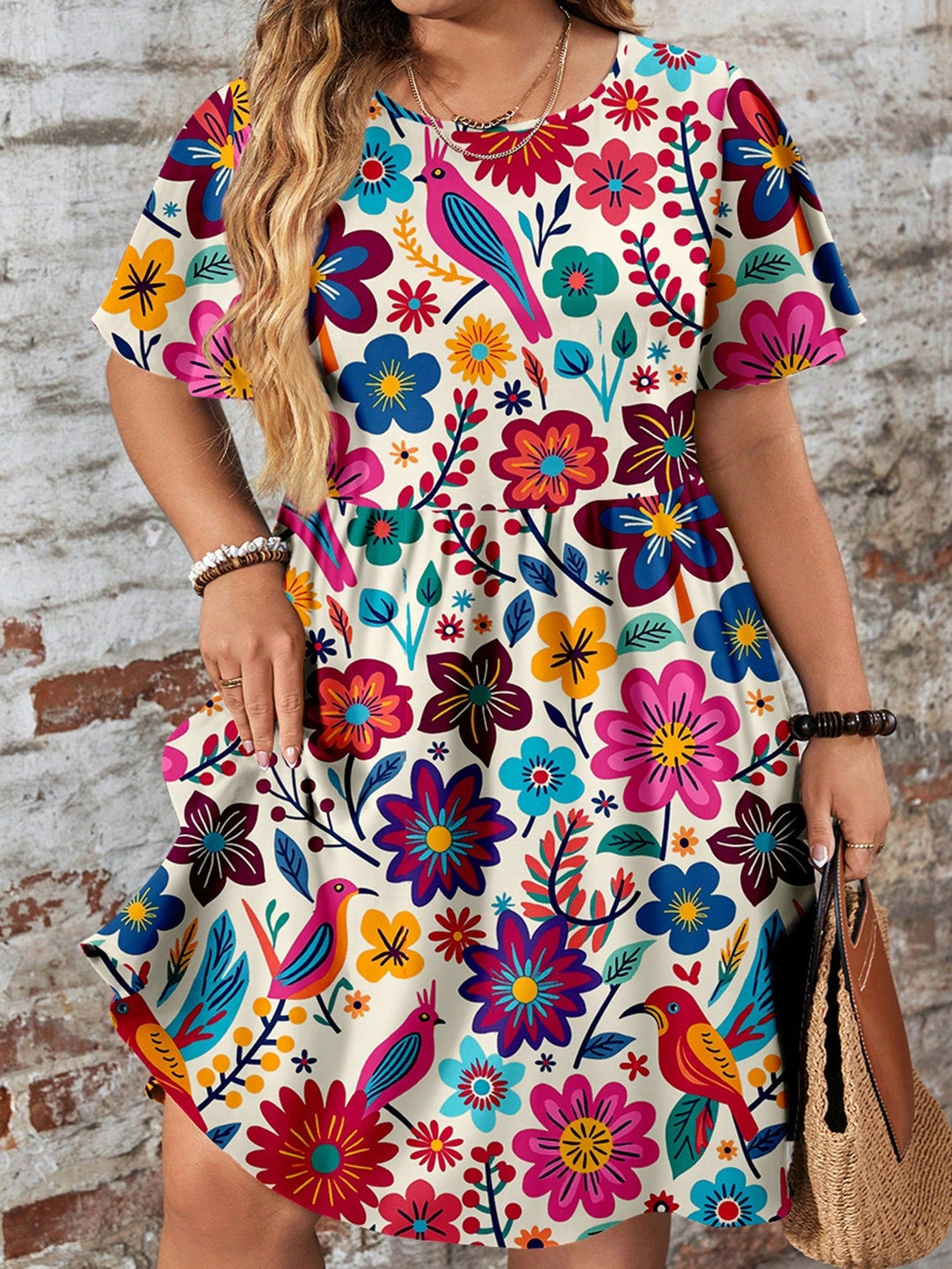 Vestido chemisier casual con cuello de volantes, tallas cómodas, vacaciones Hoho