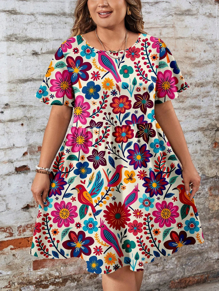 Vestido chemisier casual con cuello de volantes, tallas cómodas, vacaciones Hoho