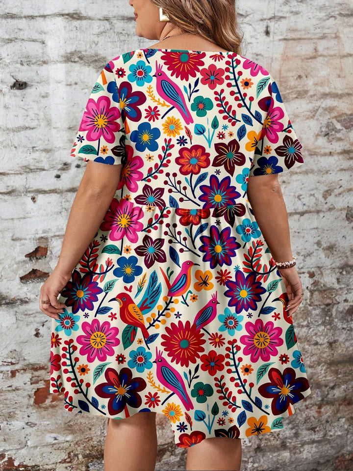 Vestido chemisier casual con cuello de volantes, tallas cómodas, vacaciones Hoho