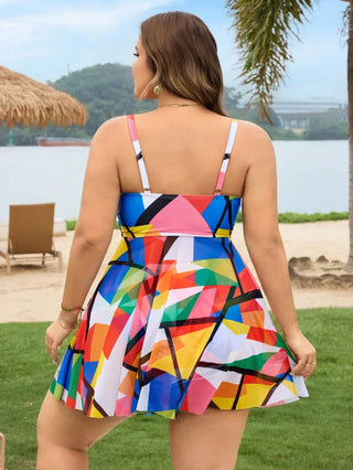 2 piezas/juego Mujer Talla Grande Traje de baño tankini con diseño asimétrico multicolor, diseño con lazo y aberturas, adecuado para vacaciones en la playa