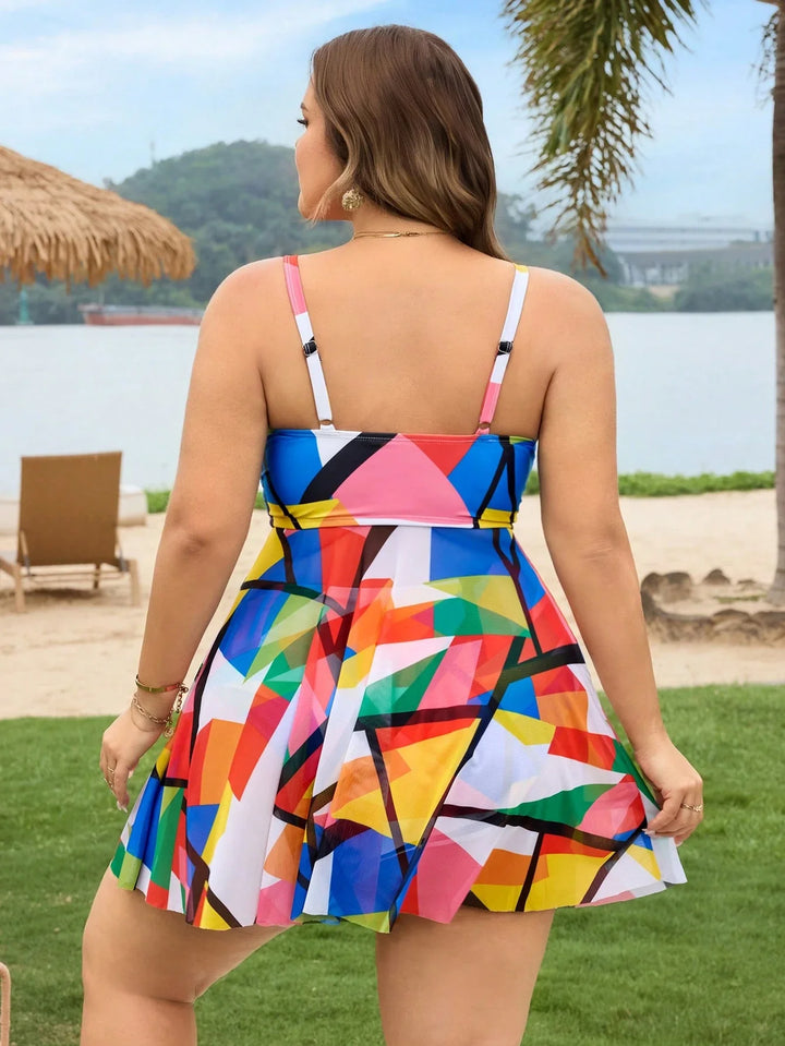 2 piezas/juego Mujer Talla Grande Traje de baño tankini con diseño asimétrico multicolor, diseño con lazo y aberturas, adecuado para vacaciones en la playa