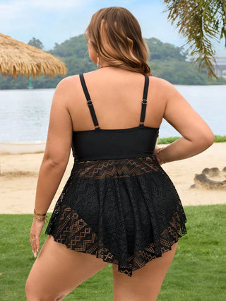 Conjunto de bikini de mujer tallas grandes de dos piezas, con parte superior e inferior con dobladillo irregular y efecto calado, ropa de playa