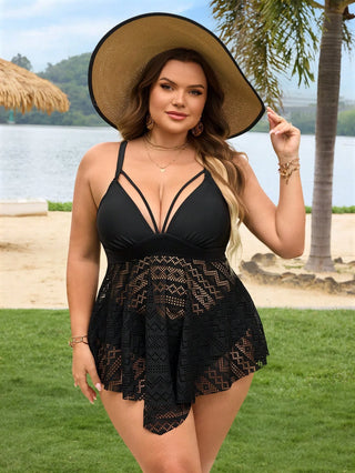 Conjunto de bikini de mujer tallas grandes de dos piezas, con parte superior e inferior con dobladillo irregular y efecto calado, ropa de playa