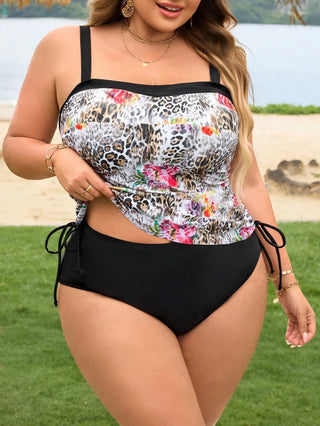 Bañador de dos piezas con estampado de leopardo para mujeres de tallas grandes, bikini sexy con lazo al cuello para vacaciones