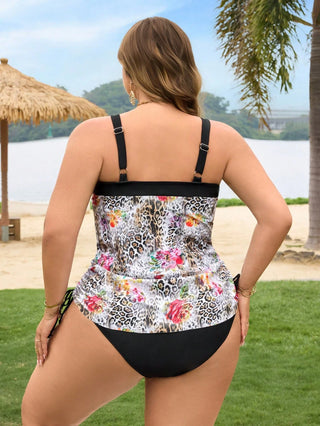Bañador de dos piezas con estampado de leopardo para mujeres de tallas grandes, bikini sexy con lazo al cuello para vacaciones