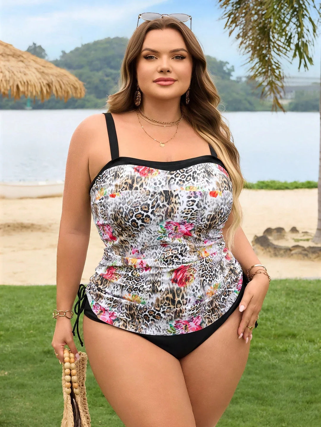 Bañador de dos piezas con estampado de leopardo para mujeres de tallas grandes, bikini sexy con lazo al cuello para vacaciones