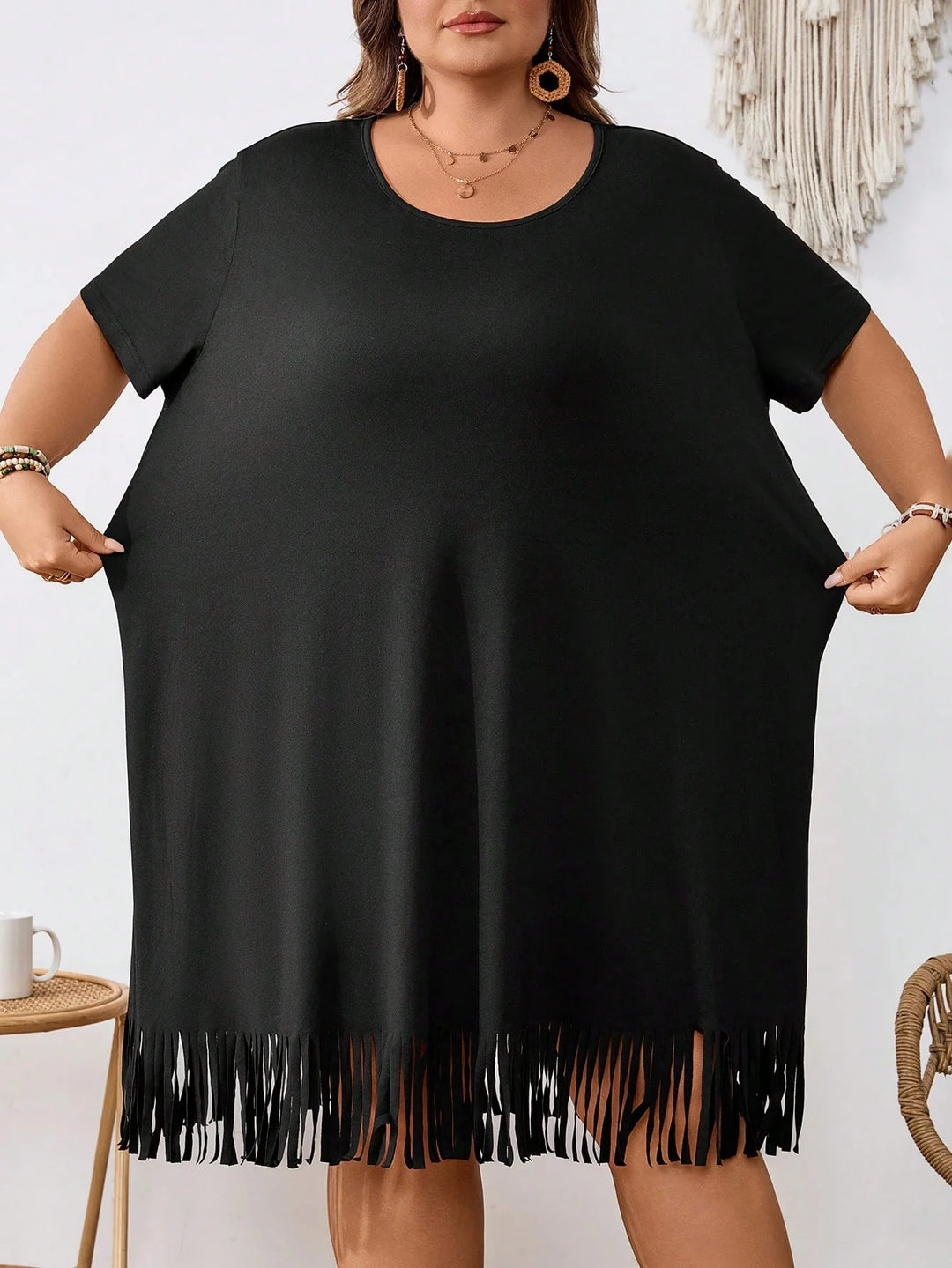 Vestido de color sólido para mujer con dobladillo desflecado de talla grande