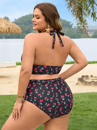 Conjunto de baño de dos piezas para tallas grandes, con top con lazos y estampado de cerezas, y slip triangular perforado, estilo vacaciones de verano