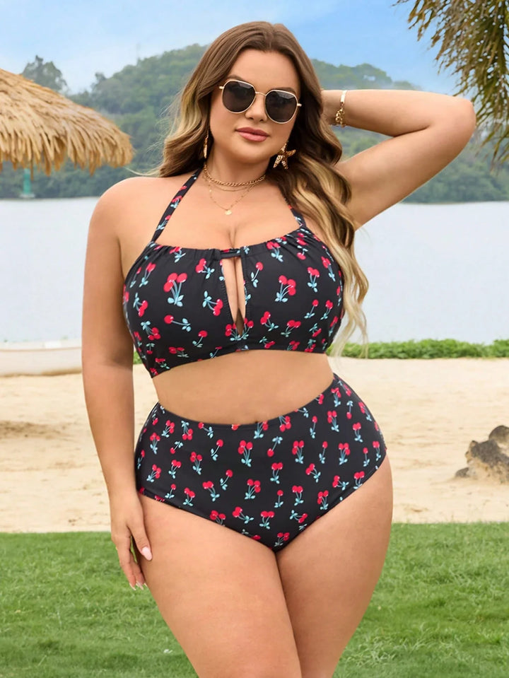 Conjunto de baño de dos piezas para tallas grandes, con top con lazos y estampado de cerezas, y slip triangular perforado, estilo vacaciones de verano