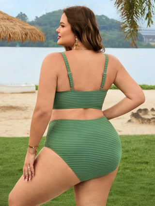 Bañador de dos piezas para mujer tallas grandes, con diseño de nudo frontal en color sólido, adecuado para vacaciones en la playa
