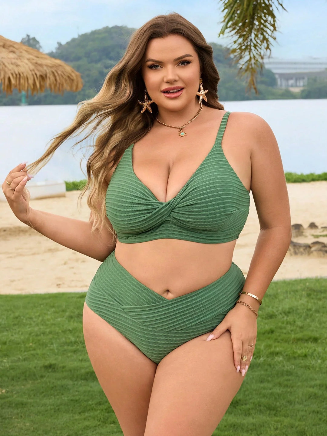 Bañador de dos piezas para mujer tallas grandes, con diseño de nudo frontal en color sólido, adecuado para vacaciones en la playa