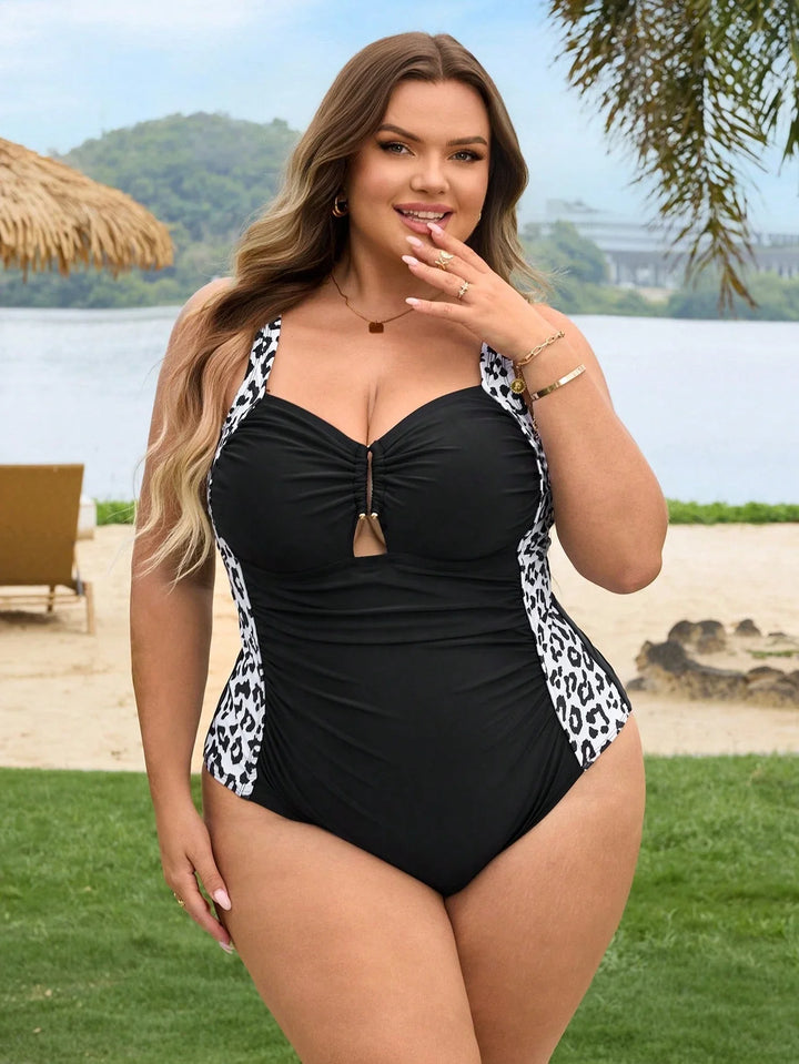 Bañador de una pieza de verano con diseño de gran tamaño para mujeres, con estampado y bordado