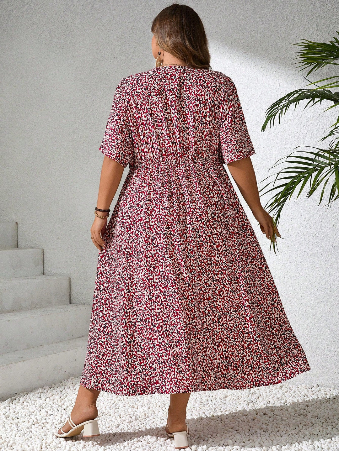 Vestido casual con escote en V, mangas cortas, estampado floral, tallas grandes