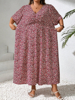 Vestido casual con escote en V, mangas cortas, estampado floral, tallas grandes