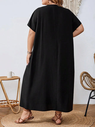 Vestido de verano casual en algodón negro, amplio, de manga corta y escote en V, estilo línea A, adecuado para mujer talla cómoda, para la playa, salidas, graduación, fiesta de té