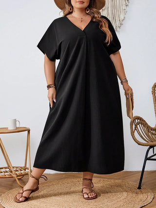 Vestido de verano casual en algodón negro, amplio, de manga corta y escote en V, estilo línea A, adecuado para mujer talla cómoda, para la playa, salidas, graduación, fiesta de té
