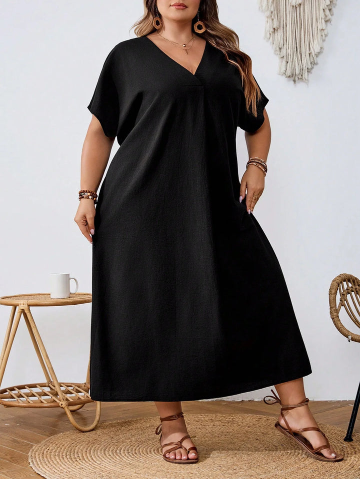 Vestido de verano casual en algodón negro, amplio, de manga corta y escote en V, estilo línea A, adecuado para mujer talla cómoda, para la playa, salidas, graduación, fiesta de té