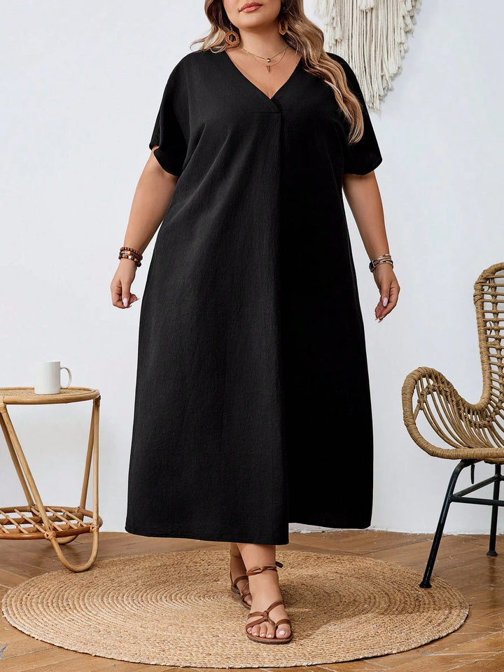 Vestido de verano casual en algodón negro, amplio, de manga corta y escote en V, estilo línea A, adecuado para mujer talla cómoda, para la playa, salidas, graduación, fiesta de té