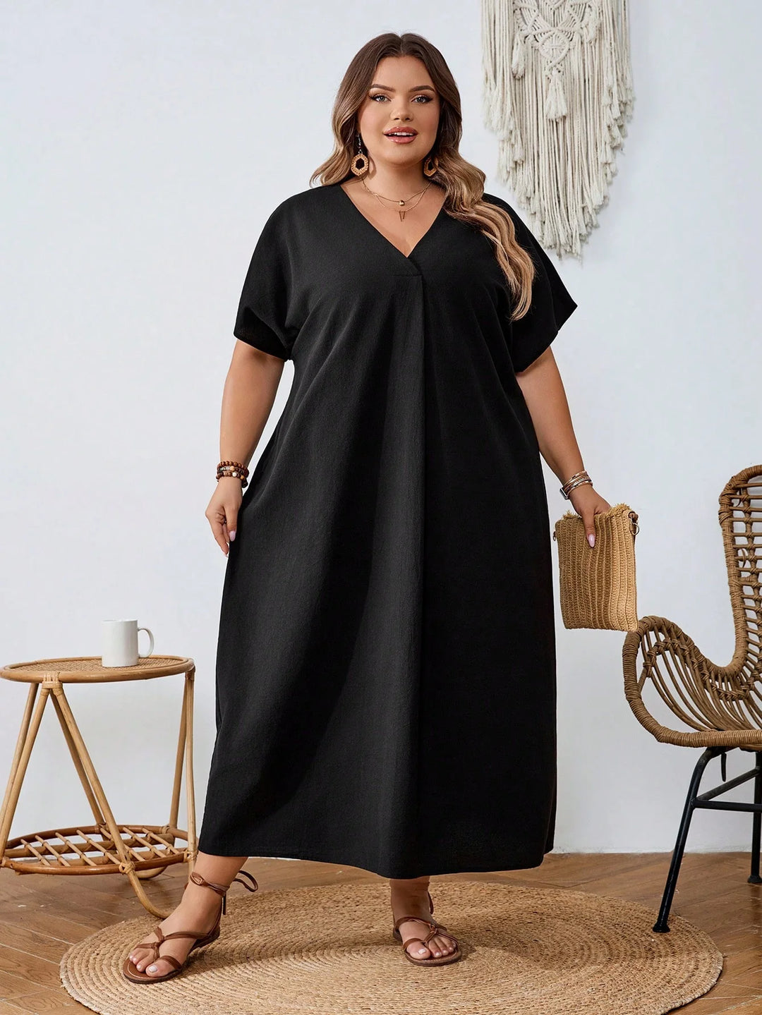 Vestido de verano casual en algodón negro, amplio, de manga corta y escote en V, estilo línea A, adecuado para mujer talla cómoda, para la playa, salidas, graduación, fiesta de té