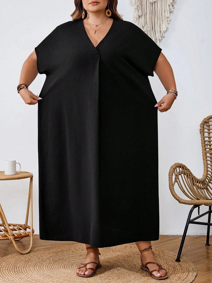 Vestido de verano casual en algodón negro, amplio, de manga corta y escote en V, estilo línea A, adecuado para mujer talla cómoda, para la playa, salidas, graduación, fiesta de té