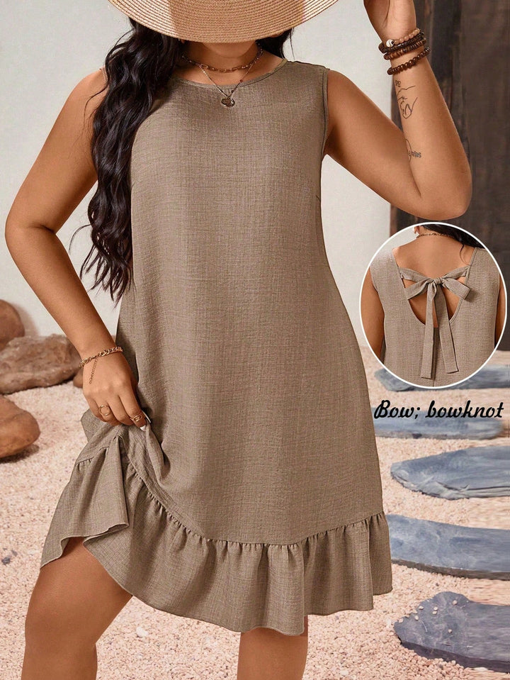 Vestido casual de mujer con cuello redondo, sin mangas, lazo en la espalda, fondo acampanado, color único, elegante para el verano, tallas grandes