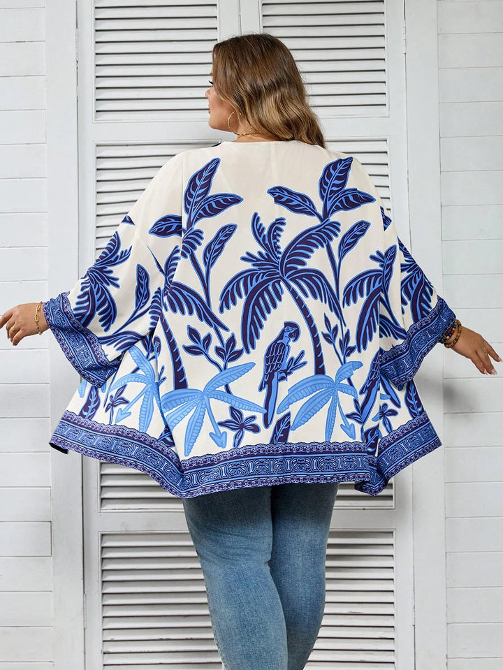 Ropa casual de grandes tamaños para mujer con estampado de palmeras, estilo vintage, camisa abierta en el frente, adecuada para playa, vacaciones, graduación, té u otras ocasiones