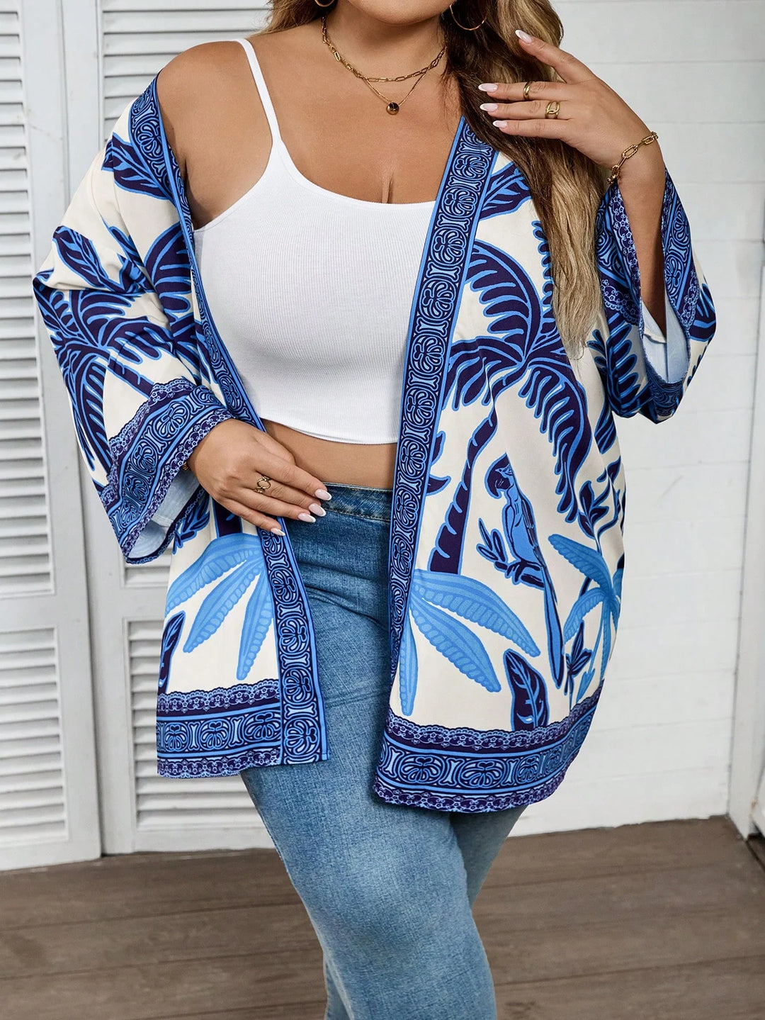 Ropa casual de grandes tamaños para mujer con estampado de palmeras, estilo vintage, camisa abierta en el frente, adecuada para playa, vacaciones, graduación, té u otras ocasiones