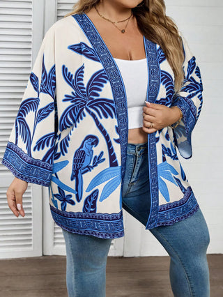 Ropa casual de grandes tamaños para mujer con estampado de palmeras, estilo vintage, camisa abierta en el frente, adecuada para playa, vacaciones, graduación, té u otras ocasiones