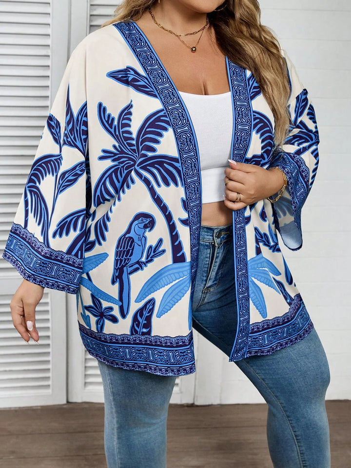 Ropa casual de grandes tamaños para mujer con estampado de palmeras, estilo vintage, camisa abierta en el frente, adecuada para playa, vacaciones, graduación, té u otras ocasiones