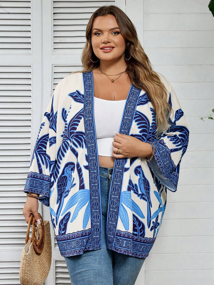 Ropa casual de grandes tamaños para mujer con estampado de palmeras, estilo vintage, camisa abierta en el frente, adecuada para playa, vacaciones, graduación, té u otras ocasiones