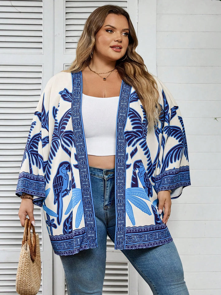 Ropa casual de grandes tamaños para mujer con estampado de palmeras, estilo vintage, camisa abierta en el frente, adecuada para playa, vacaciones, graduación, té u otras ocasiones