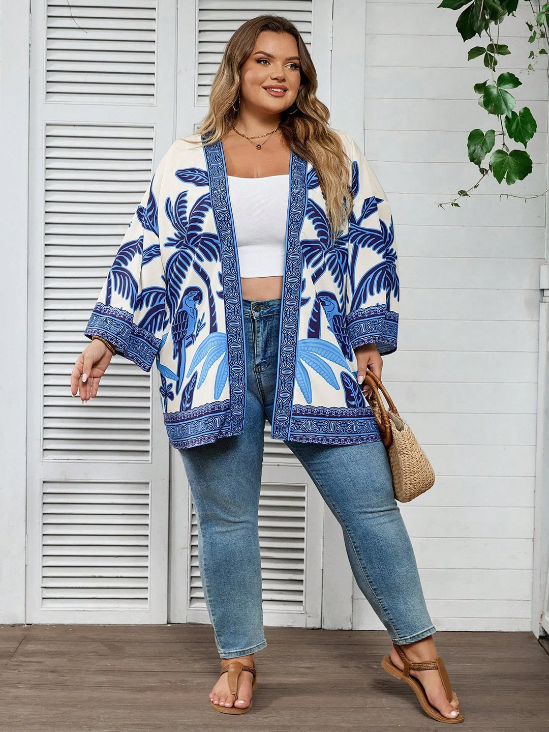 Ropa casual de grandes tamaños para mujer con estampado de palmeras, estilo vintage, camisa abierta en el frente, adecuada para playa, vacaciones, graduación, té u otras ocasiones