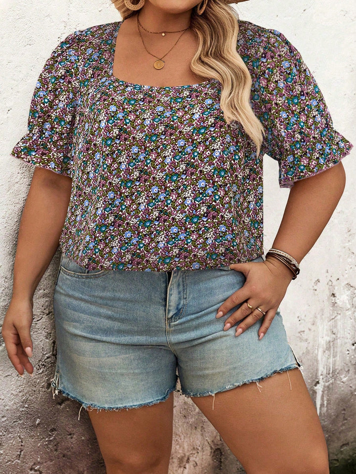 Camisa de mujer con cuello cuadrado y mangas cortas, de estampado integral, estilo bohemio