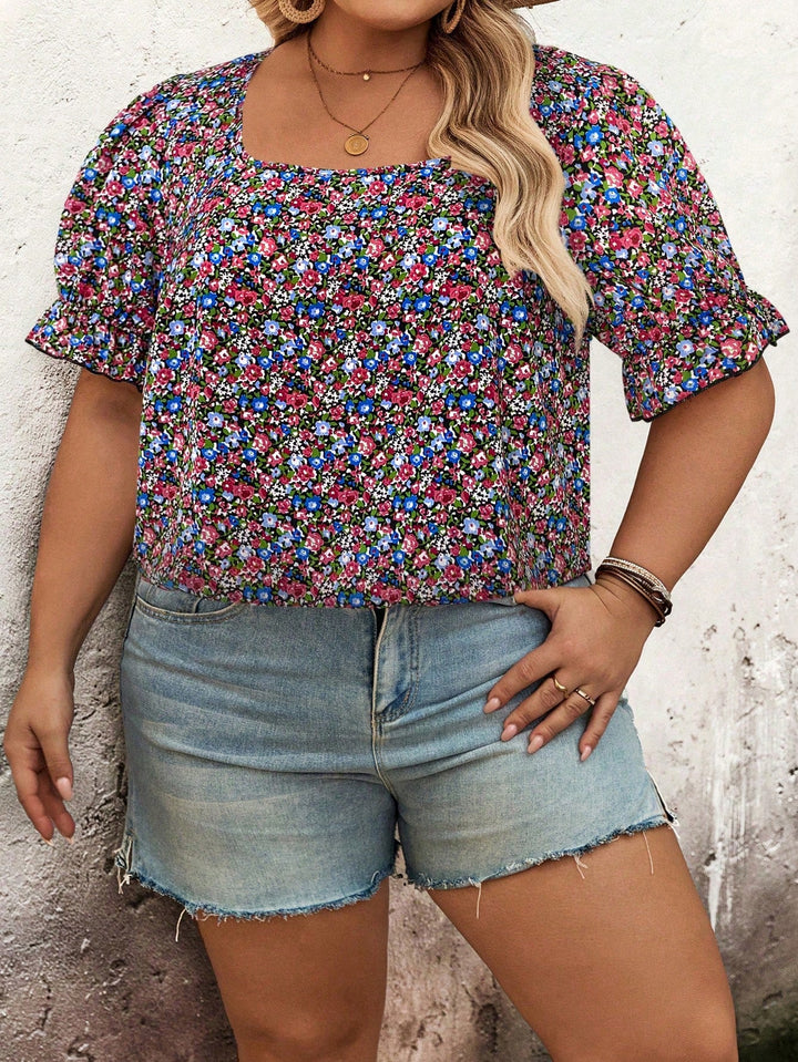 Camisa de mujer con cuello cuadrado y mangas cortas, de estampado integral, estilo bohemio