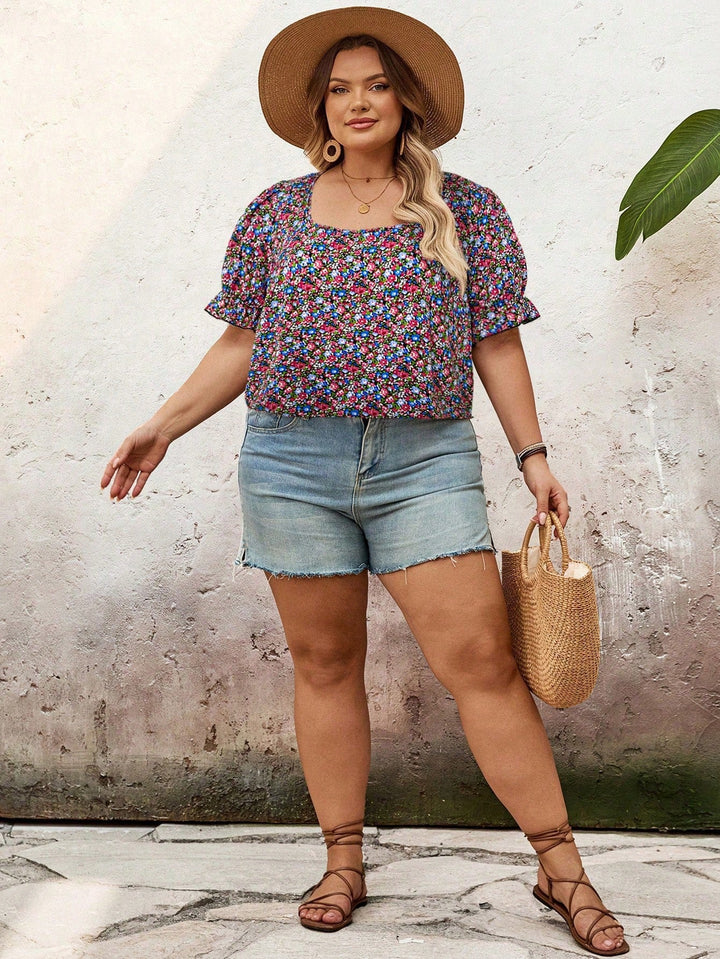 Camisa de mujer con cuello cuadrado y mangas cortas, de estampado integral, estilo bohemio