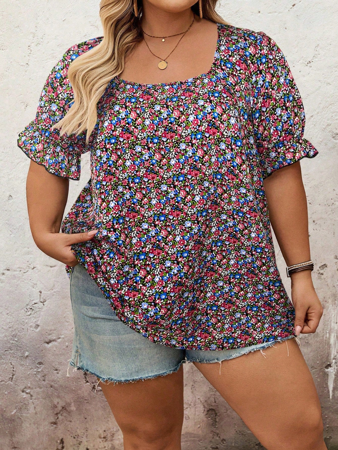 Camisa de mujer con cuello cuadrado y mangas cortas, de estampado integral, estilo bohemio