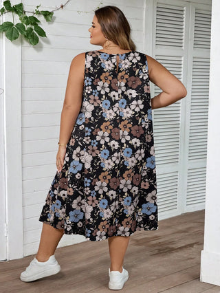 Vestido casual de vacaciones estilo retro con flores, línea A, sin mangas