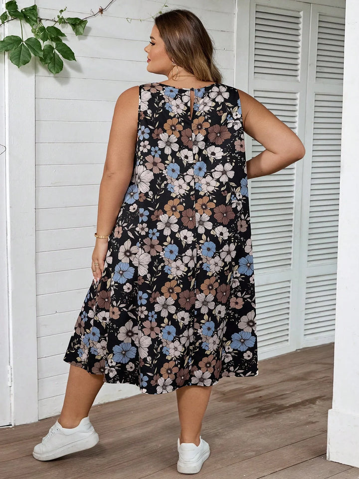 Vestido casual de vacaciones estilo retro con flores, línea A, sin mangas