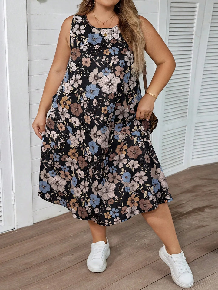 Vestido casual de vacaciones estilo retro con flores, línea A, sin mangas
