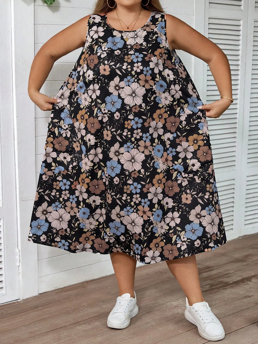 Vestido casual de vacaciones estilo retro con flores, línea A, sin mangas