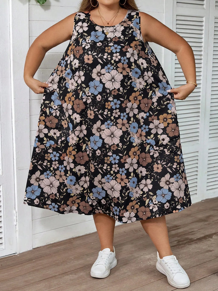 Vestido casual de vacaciones estilo retro con flores, línea A, sin mangas