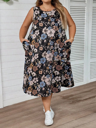 Vestido casual de vacaciones estilo retro con flores, línea A, sin mangas