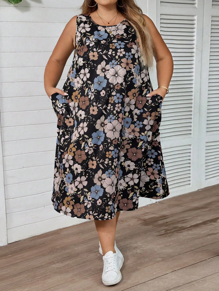 Vestido casual de vacaciones estilo retro con flores, línea A, sin mangas