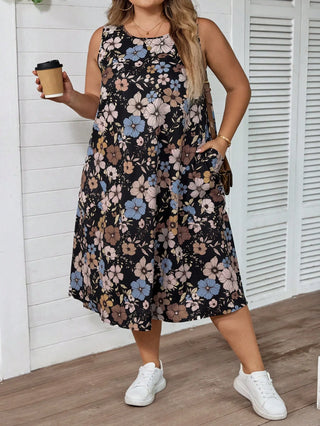 Vestido casual de vacaciones estilo retro con flores, línea A, sin mangas