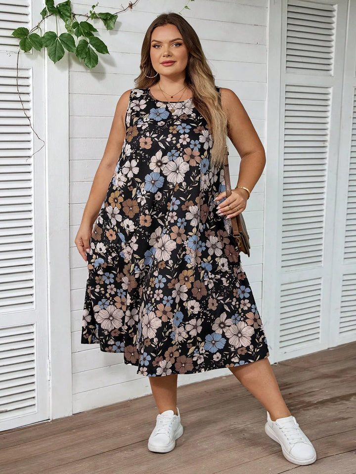 Vestido casual de vacaciones estilo retro con flores, línea A, sin mangas