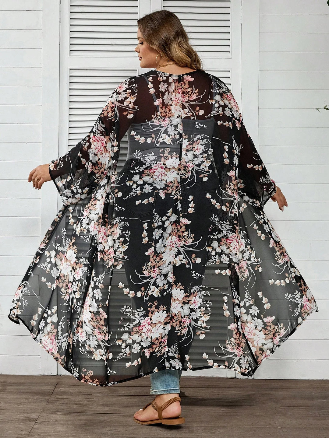 Cárdigan casual de manga larga con estampado floral, tallas cómodas para mujer