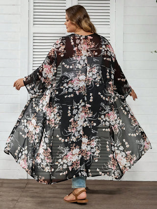 Cárdigan casual de manga larga con estampado floral, tallas cómodas para mujer