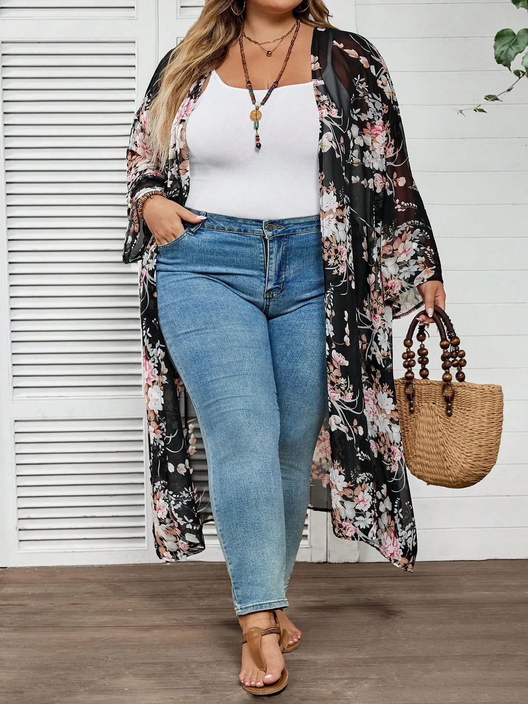 Cárdigan casual de manga larga con estampado floral, tallas cómodas para mujer